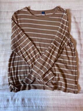 Old Navy Taupe and White Striped Long-Sleeve Tee
